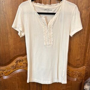 Eddie Bauer Cream Short Sleeve Ruffled Polo Blouse
